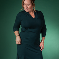 Blouse longue col V vert chasseur à manches longues fait au Québec, Canada