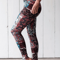 Legging taille haute confortable à motifs bohème bleu et merlot fait au Québec,Canada.