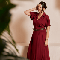 Robe midi à col chemise - carmin