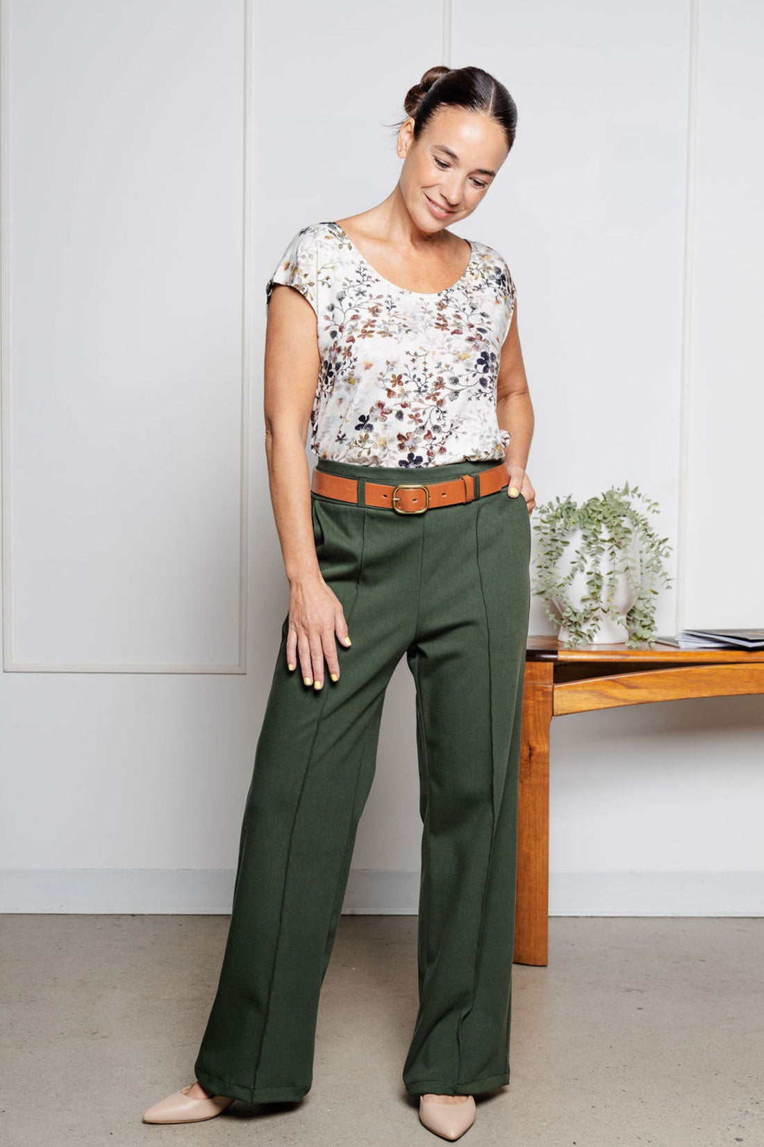 Pantalon effet denim évasé structuré - matcha