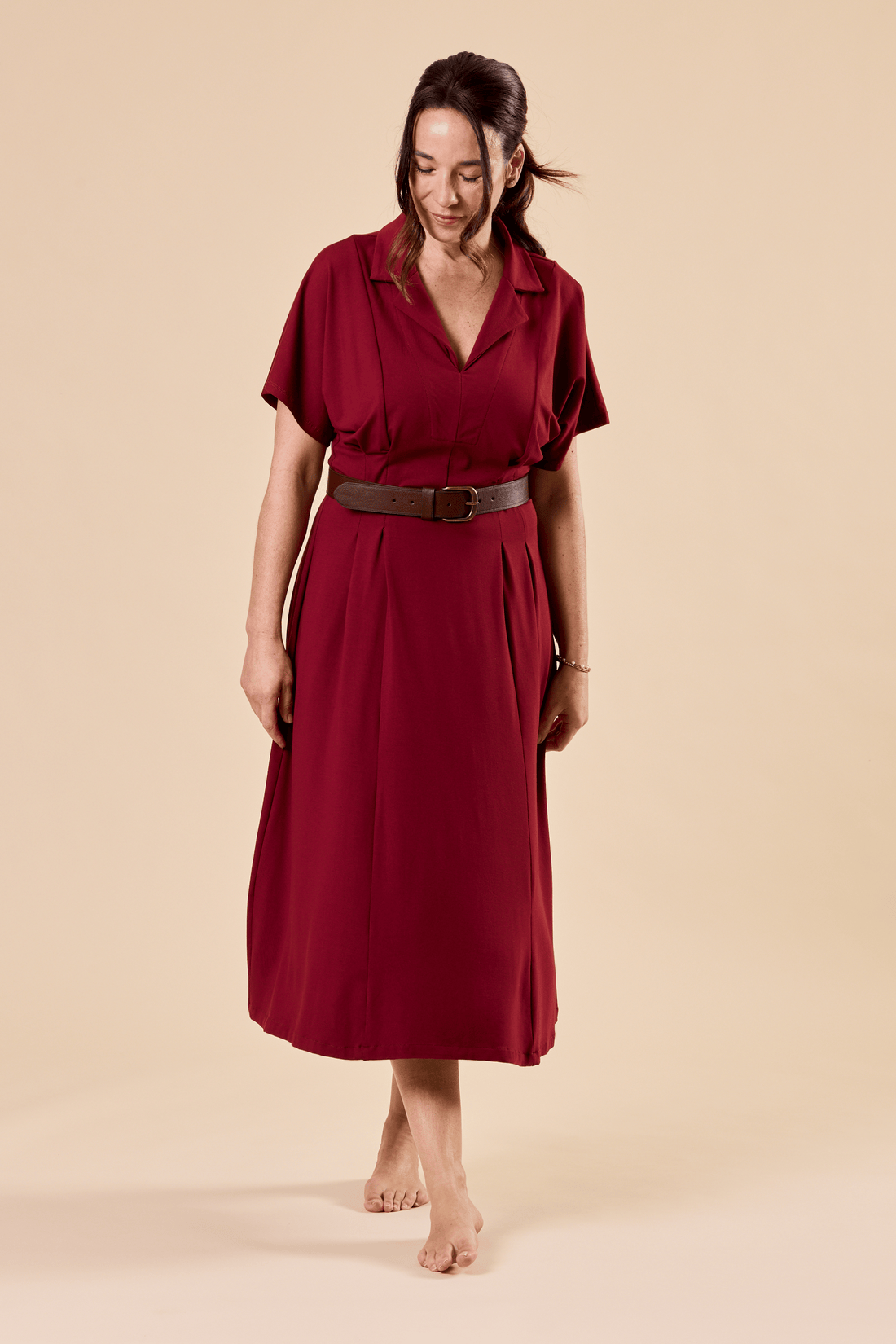 Robe midi à col chemise - carmin