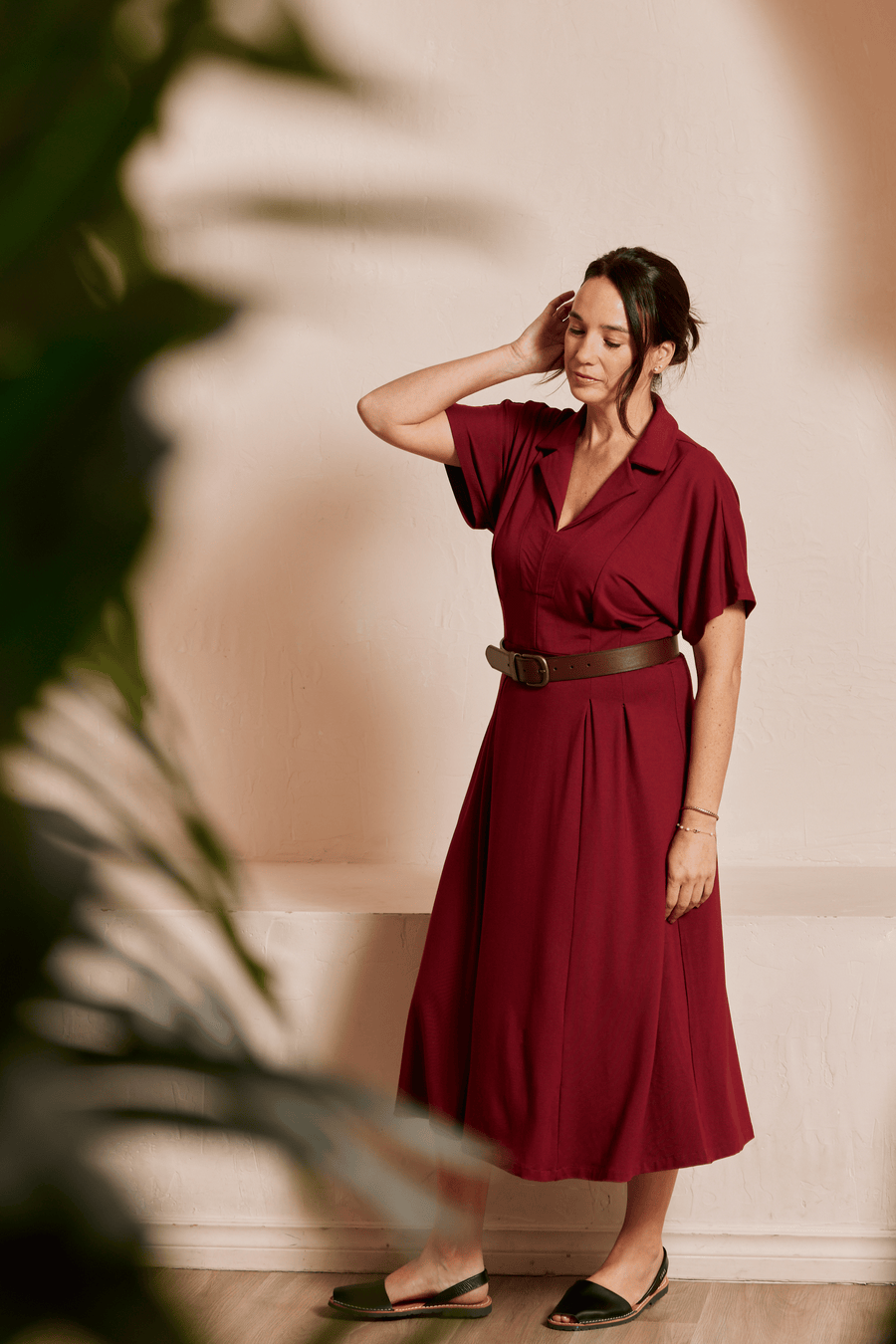 Robe midi à col chemise - carmin